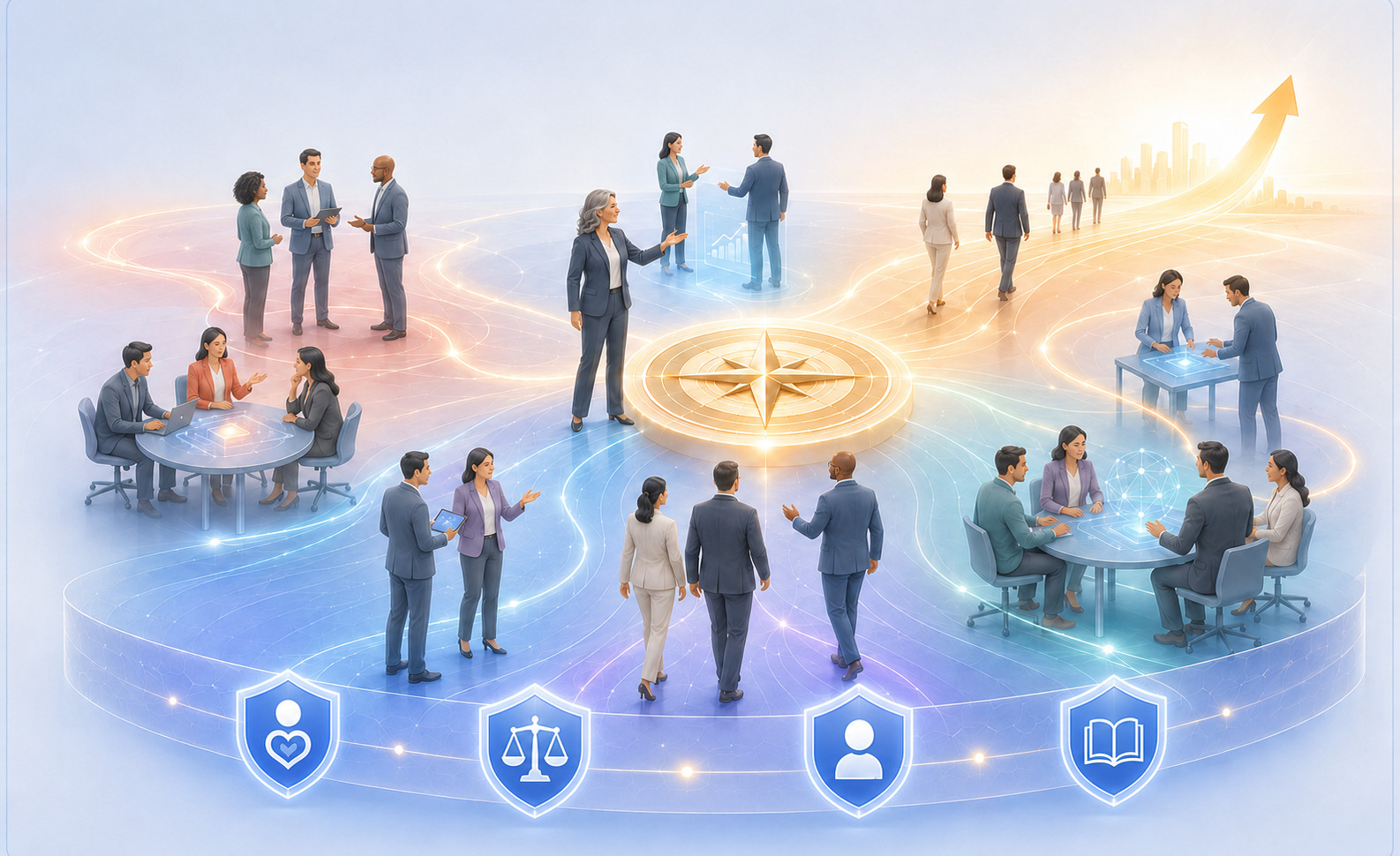 Illustration of executive teams collaborating around a central compass, representing AI-native transformation across strategy, governance, culture, and workforce